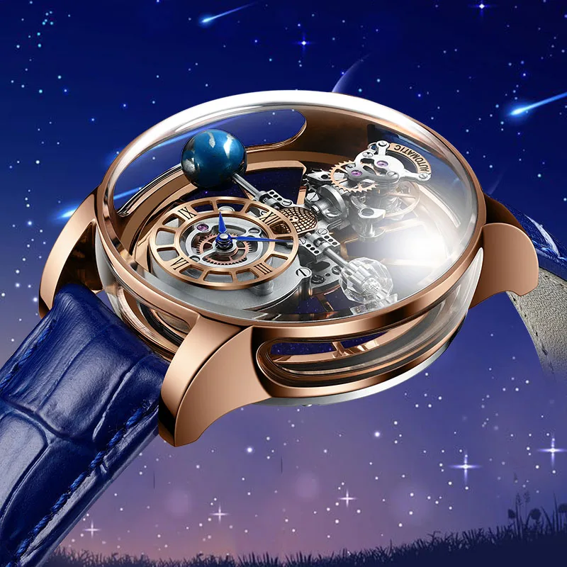 

PINDU New Sport Chronograph Quartz Watch for Men Fashion Blue Leather Strap Transparent Design Celestial watches 3atm Waterproof