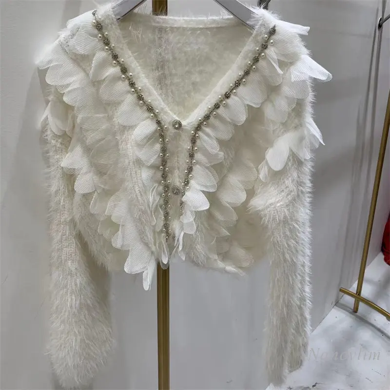 

2022 Autumn Korean Fashion Cardigan for Women Loose Plush Temperament Short Coat Exquisite Rhinestone Beaded Lace Petal Knitwear