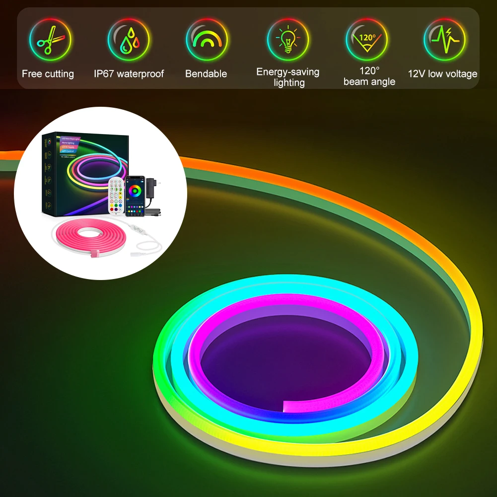 

12V RGB LED Neon Light Flexible Strip Waterproof Silicone Light Strip Smart Bluetooth-compatible Remote Control Dimmable Decor