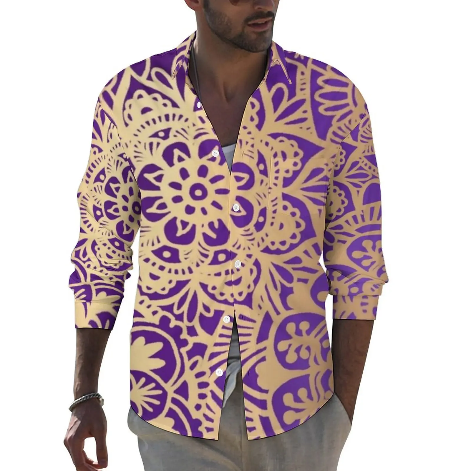 

Gold Mandala Print Street Casual Shirt Mens Retro Floral Shirt Spring Novelty Blouses Long Sleeve Graphic Oversize Tops