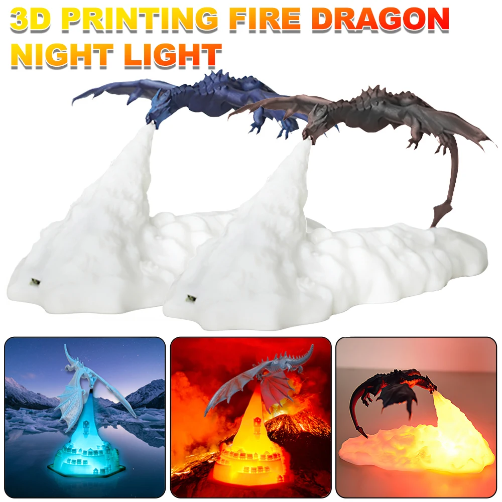 

3D Printed Dragon Night Light Ice/Fire Dragon Creative LED Lamp Rechargeable Home Bedroom Decor Desk Lamp for Kids Children Gift