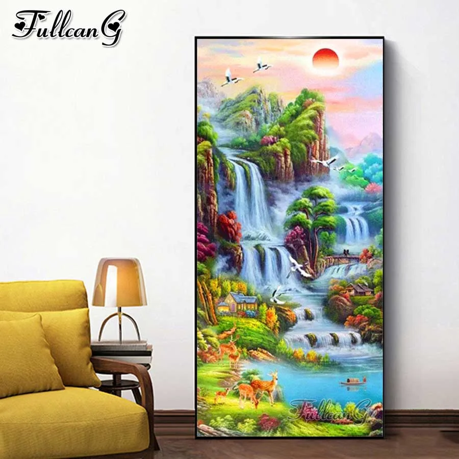 

FULLCANG mountain waterfall large 5d diamond painting landscape diy full rhinestone embroidery Sunrise Crane home decor FG0816