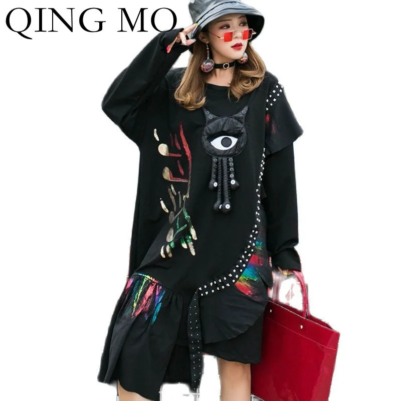 

QING MO 2023 Spring Autumn Fashion New Women Dress Loose Cartoon Stitching Dress Trend Printing Sequin Dress Black ZWL312