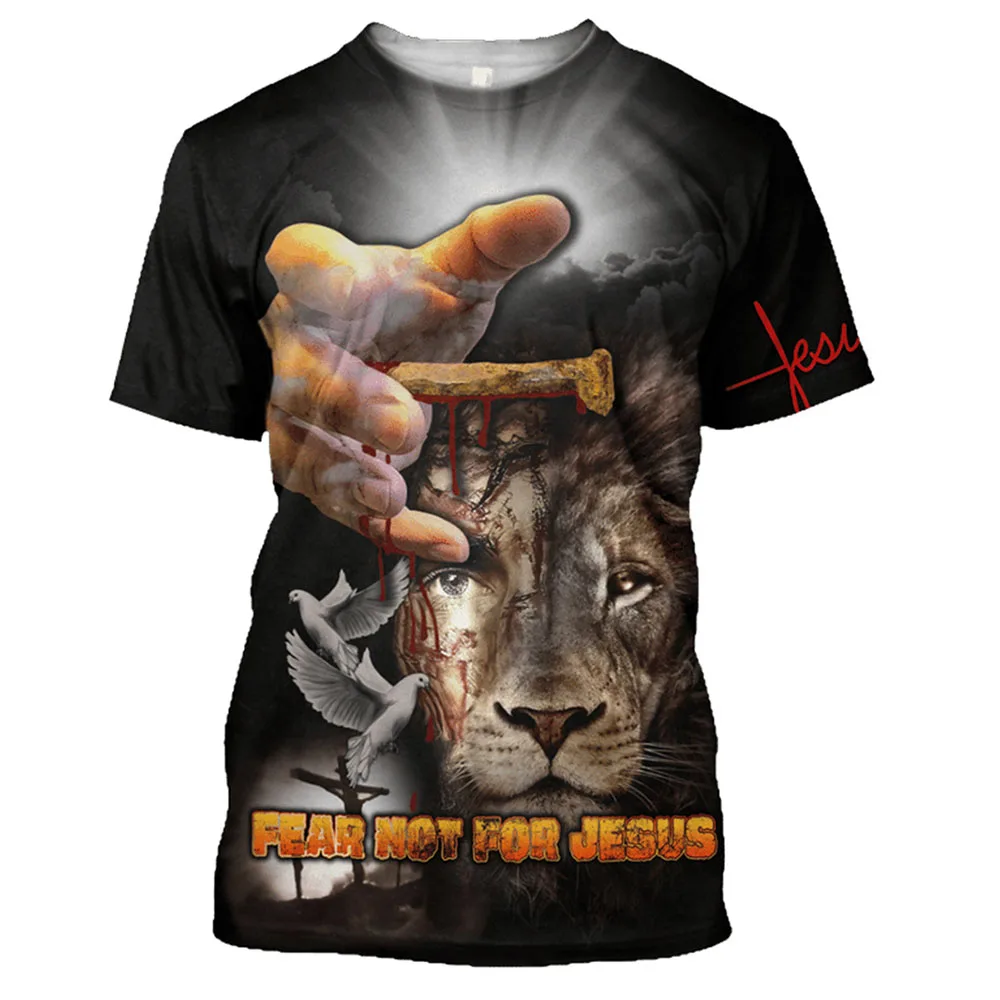 

Summer Men God Religion Christ Jesus And Lion 3d Printed T-Shirt O Neck Short Sleeve Casual Loose Breathable Plus Size Top