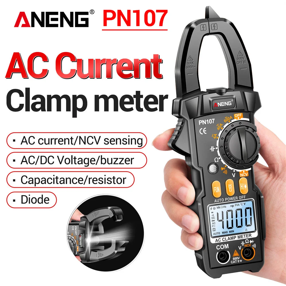 

ANENG PN107 Aoto Digital Clamp Meter CAT II 600V AC/DC Voltage Multitester True RMS 4000 Count Electrical Multimeter Tester Tool