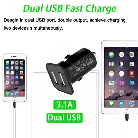 2,4A 5V Автомобильное зарядное устройство с двумя USB-портами, 2-портовый адаптер прикуривателя, зарядное устройство, USB-адаптер питания для всех смартфонов