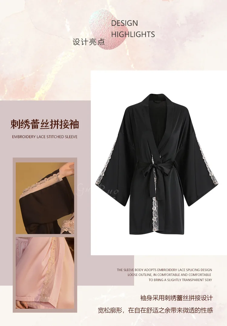 Women Sexy Pijamas Set Satin Lace Embroidered Halter Nightgown Top Shorts Robe Ladies' Sleepwear Femme Loungewear