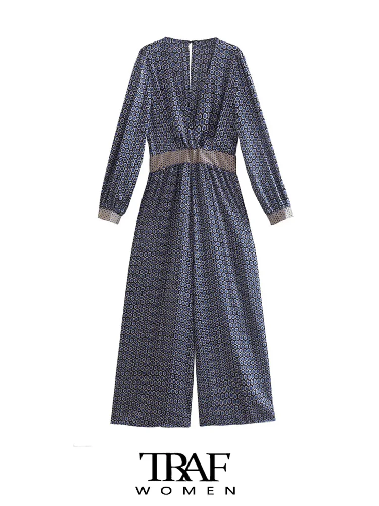 

TRAF Women Fashion Geometric Printed Loose Wide Leg Jumpsuits Vintage Long Sleeve Back Zipper Female Playsuits Mujer