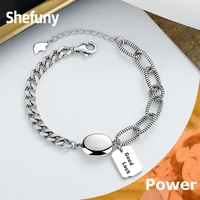 925 sterling silver good luck hang tag chain bracelet oxidized asymmetrical geometric bangle for women fine jewelry party gift