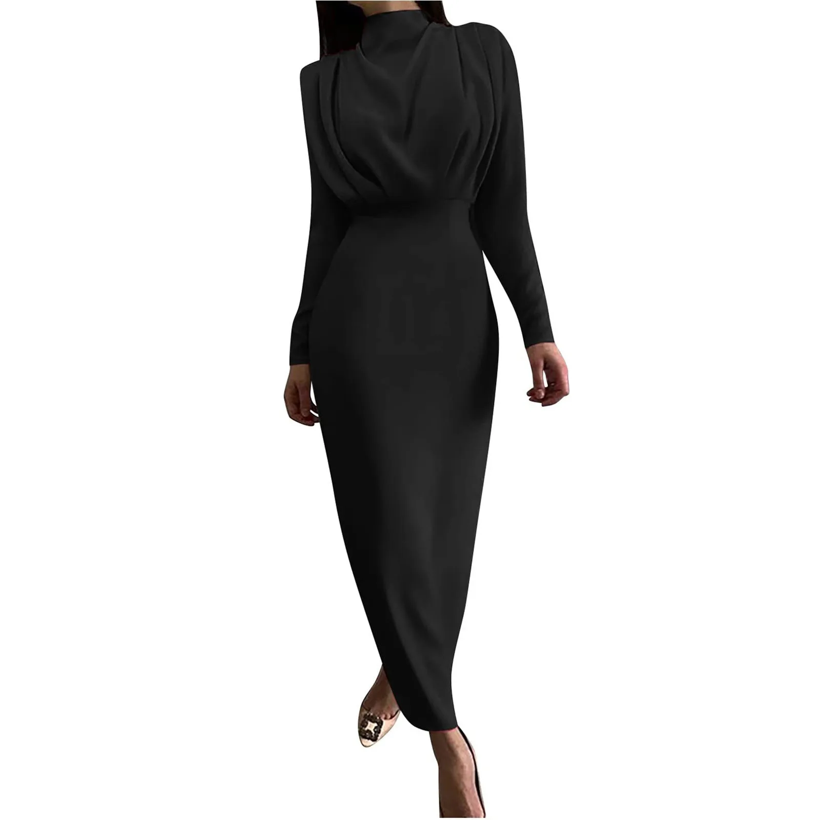 

Women Dress Half High Collar Sexy Solid Color Long Sleeve Slim Ankle Length Dress Female Bodycon Dress Party Dress Vestidos