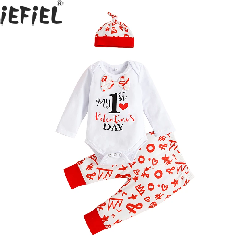 

Children First Valentine's Day Print Outfits Long Sleeve Romper with Bow Elastic Waist Pants and Hat Set Kids Party Romper Set
