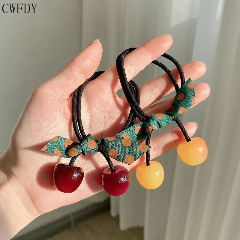 

CWFDY Fashion Rope Crystal Cherry Fruit Elastic Hair Bands For Women Girls Kawaii Bowknot Hair Accessories Jewelry Decoration
