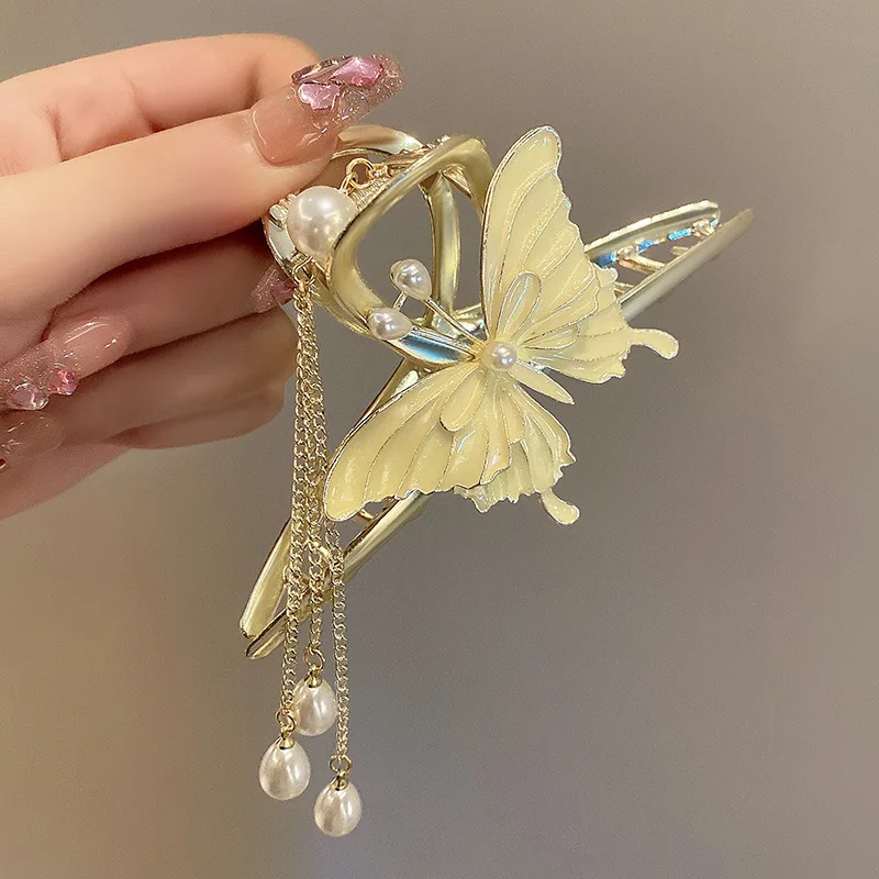 

Large Butterfly Hair Claw Women Headwear Ladies Shark Clip Tassel Pearl Pendant Hairpin Styling Accessories Elegant Fashion 2022