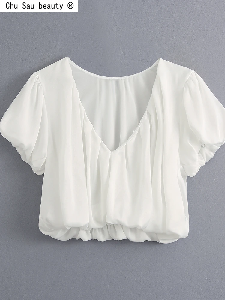 

Spring New French Vintage Silk Satin Texture Puffy Crop Top Fashion Casual Folds Loose Short Sleeves White Blouse For Women