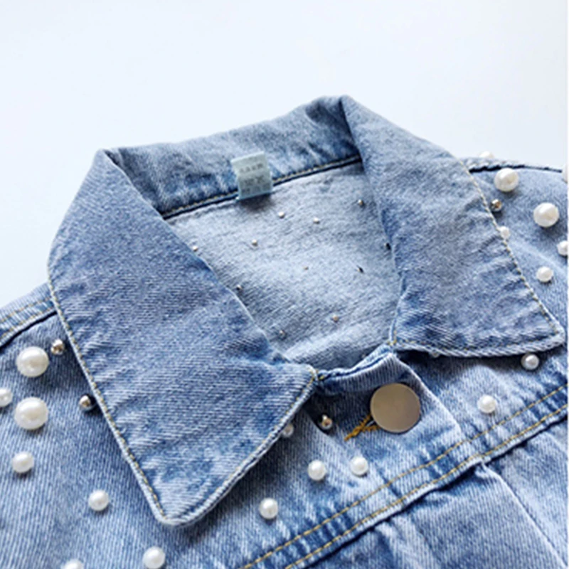 Autumn Baby Girls Pearls Beading Denim Jacket Coats Children Clothing Spring Toddler Girls Outerwear Jean Jackets Kids Clothes images - 6