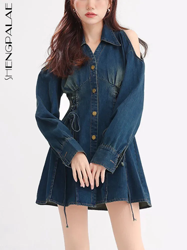 

SHENGPALAE темно-синий деним 2023 весна лето осень мода Гонконг ремень с открытыми плечами деним А-силуэта женская юбка платье 5R6703