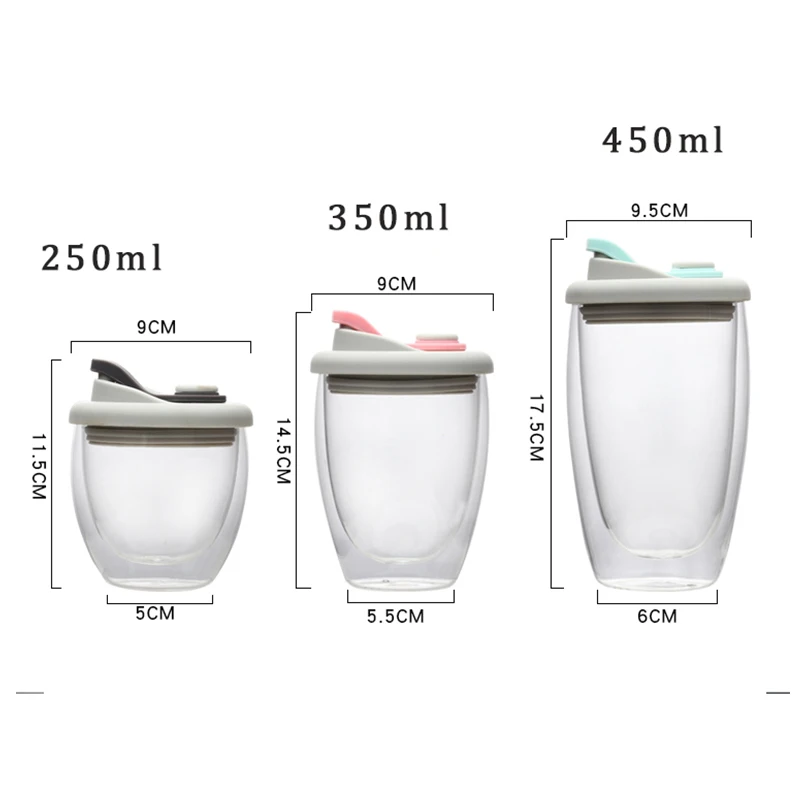 

250/350/450ml Transparent Double Layer Wall Glass Cup With Lid Leak-Proof Insulated Coffee Juice Milk Tea Mug Travel Drinkware