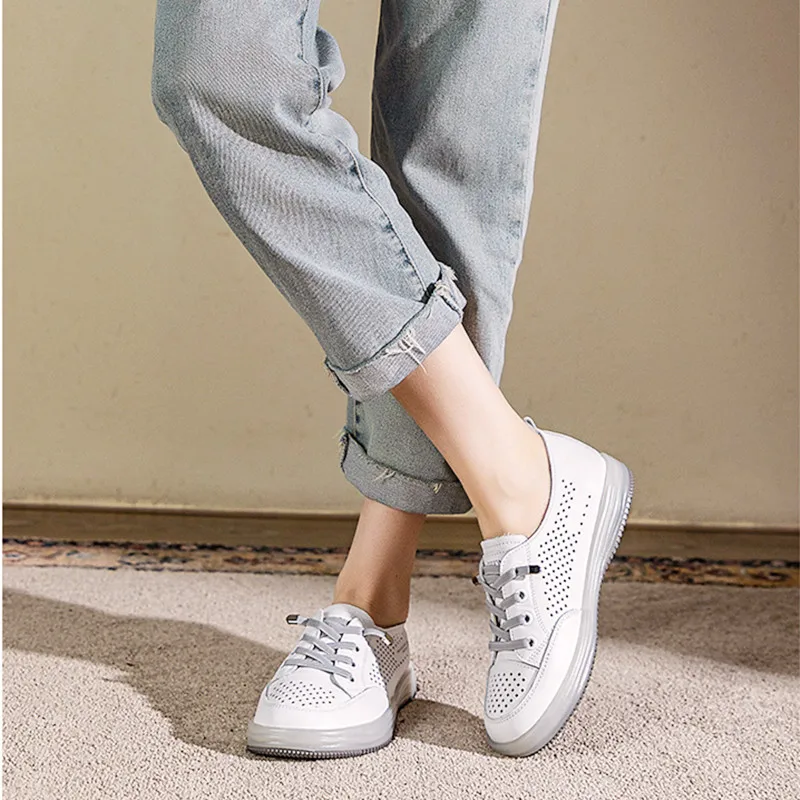 Women's Shoes Platform Sneakers Flat 2023 New Head Layer Cowhide Openwork Ventilable Hole Shoes Small White Shoes Loafers