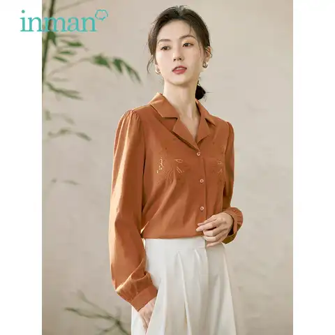 INMAN Women Blouse 2023 Spring Long Sleeve V-neck Lapel Loose Shirts Chinese Style Embroidery Elegant Design Orange Tops