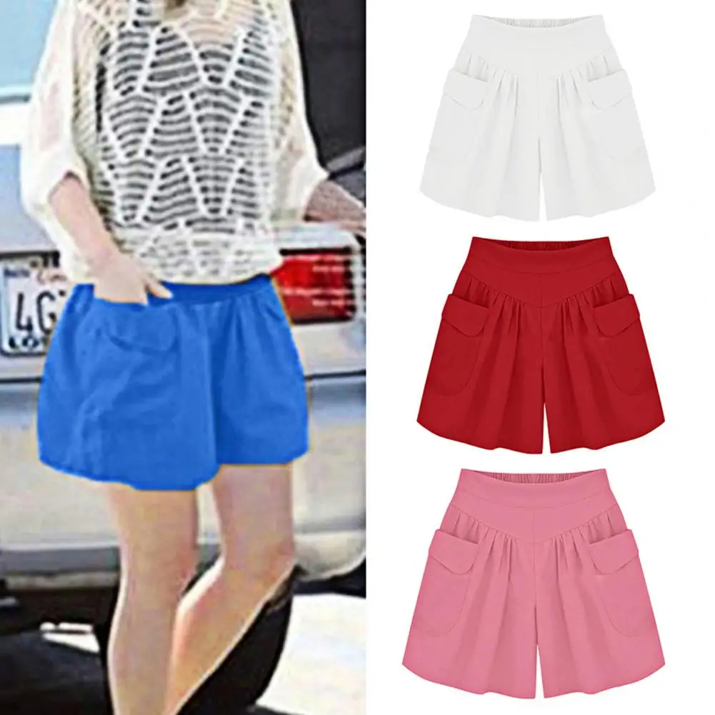 

Women Shorts Loose Breathable High Waist Solid Color Casual Pleated Baggy Elastic Waist Summer Shorts for Daily Wear