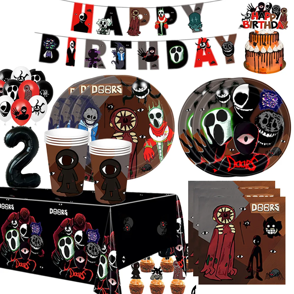 

Doors Robloxs Figur Theme Party Decor Disposable Tableware Figur Cup Plate Balloon for Boy Kid Adult Birthday Party Supplies