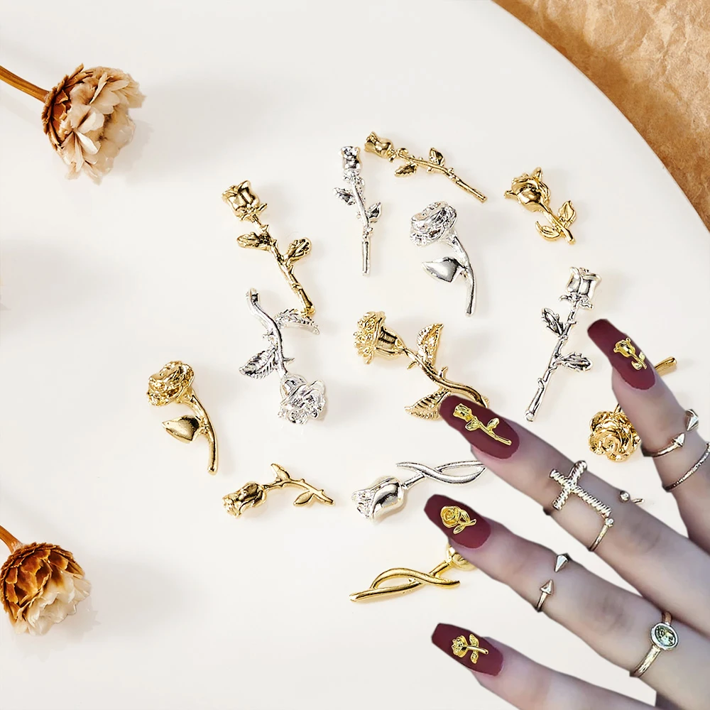 

10pcs/lot Metal Gold Silver Rose Nail Art 3D Alloy Rose Nail Parts Flower Series Nail Charms DIY Decoration Manicure Jewelry