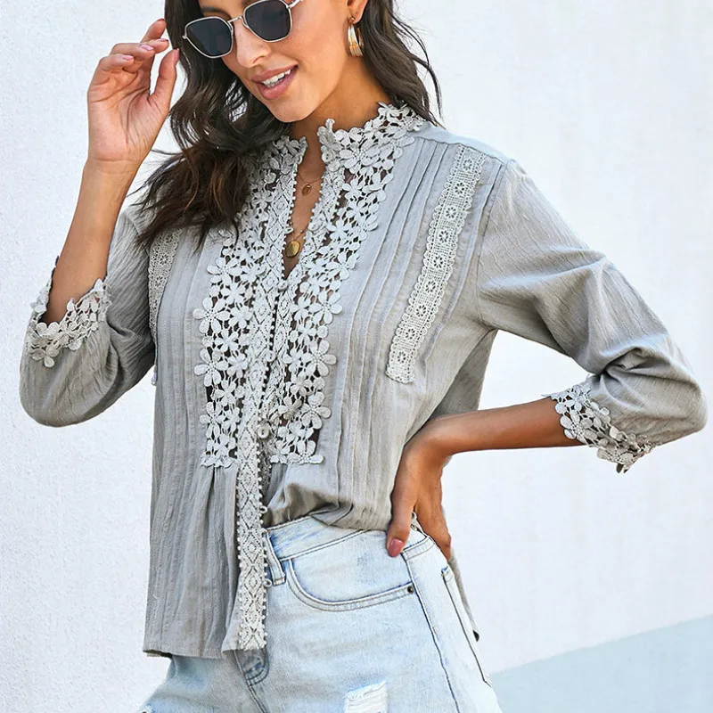 

TEELYNN Loose 3/4 Sleeve Lace Blouses Shirt Women Vintage Cotton Button V Neck Causal Boho Blusa 2022 Autumn Blouse Femme Top