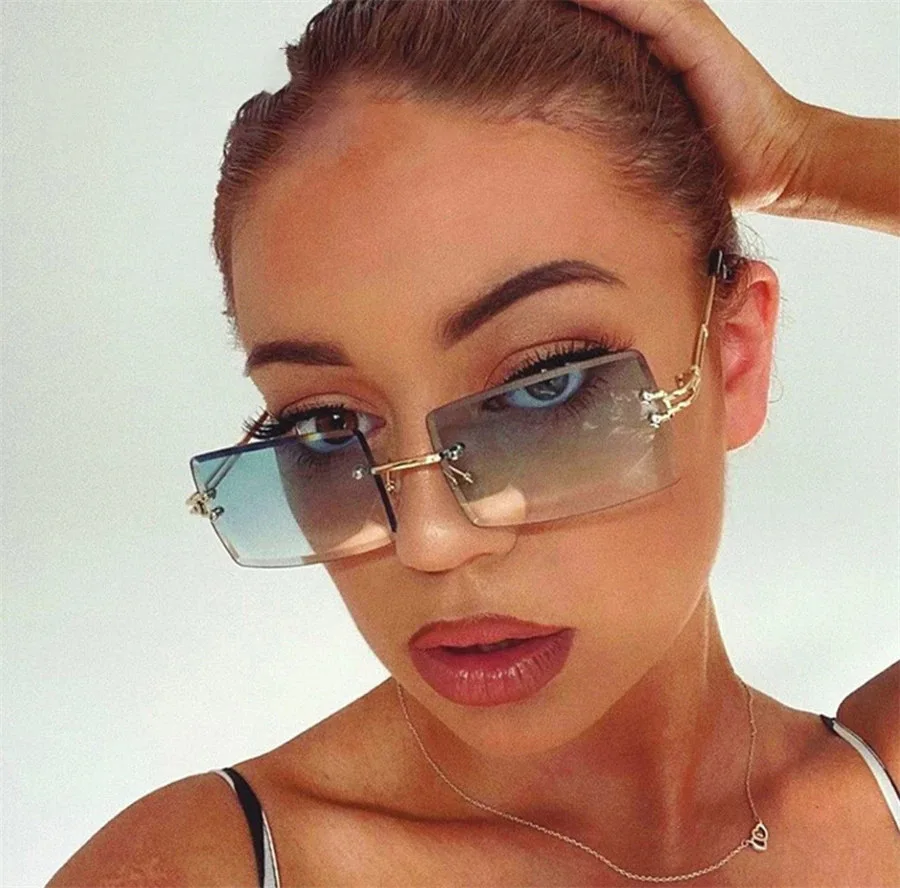 

Metal Retro Frame Rimless Diamond Cut Rectangle Sunglasses Ladies Fashion Sun Square Shade Glasses Small UV400 Sunnies Women New