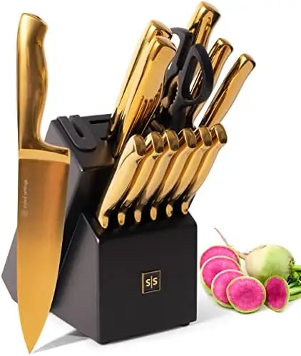 

and Gold Knife Set with Block Self Sharpening - 14 PC Coated Gold and White Kitchen Knife Set and White Knife Block with Sharpe