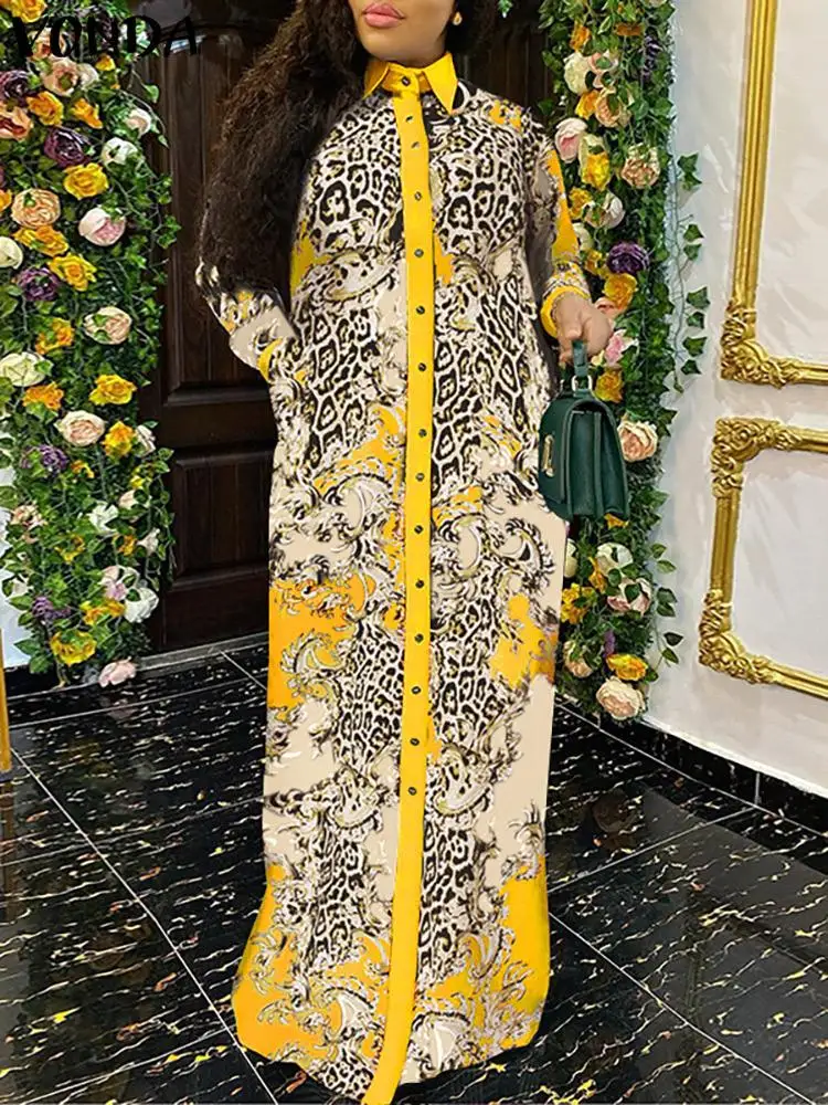 

2022 Women Printed Dress VONDA Sexy Long Sleeve Lapel Button Down Shirt Dress Vintage Holiday Party Maxi Sundress Femininas