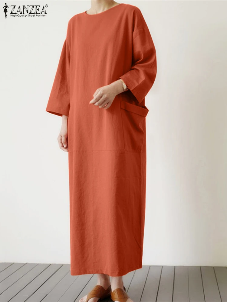 

2023 ZANZEA Women Autumn Vintage O Neck Long Sleeve Loose Casual Sundress Fashion Solid Kaftan Vestido Robe Femme Dress Oversize