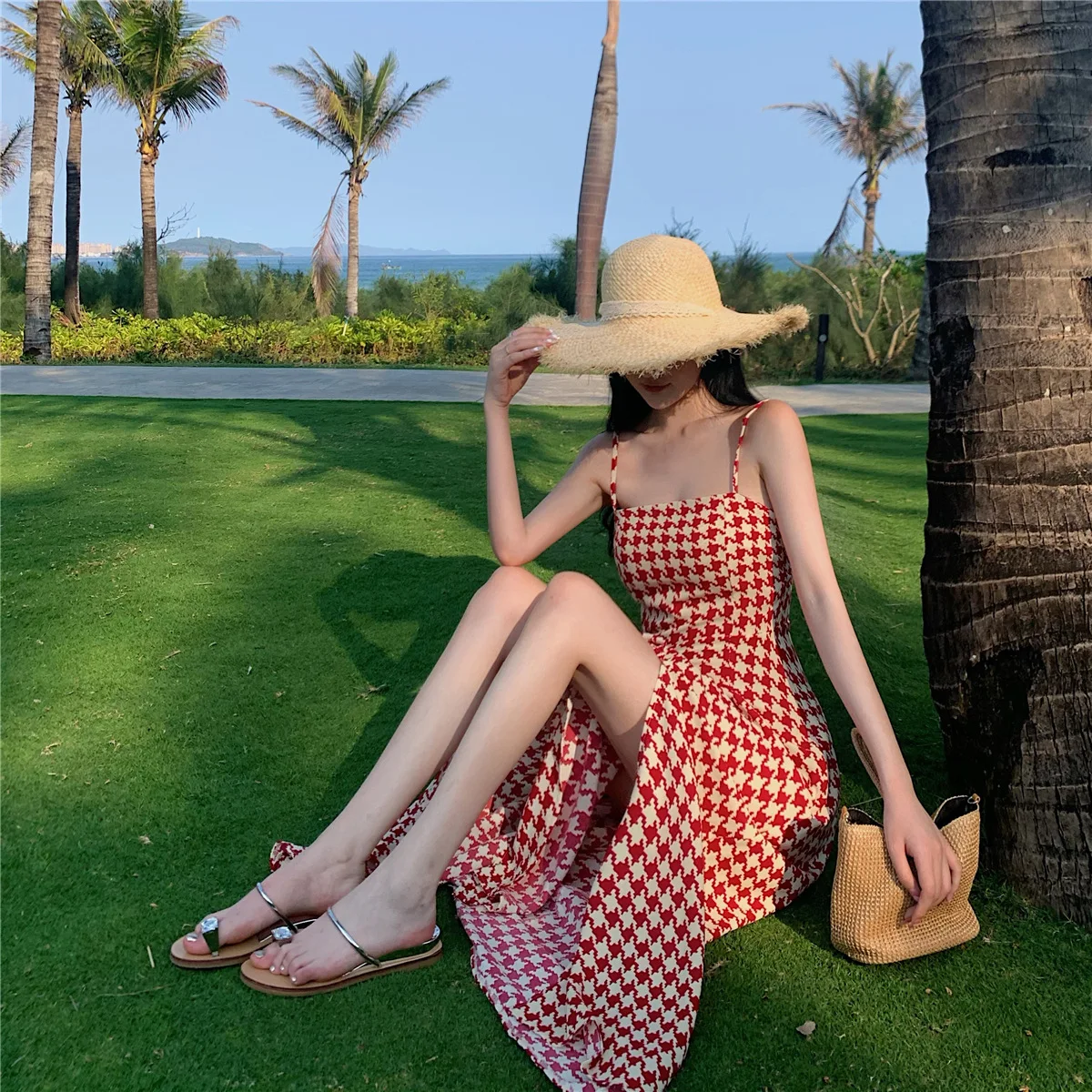 

Sexy Split Open Back Maxi Dresses Summer Strap Slim Fit Fashion Dress Women's Checker Print Korean Long Dress for Women 2023