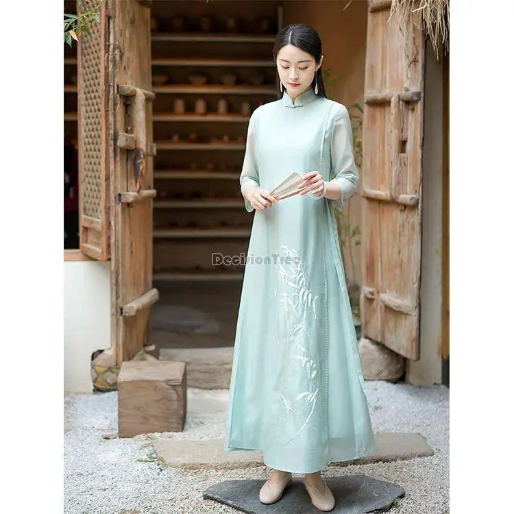 

2023 spring new hanfu improved cheongsam dress retro chinese style loose long elegant zen tea stand collar women qipao dress