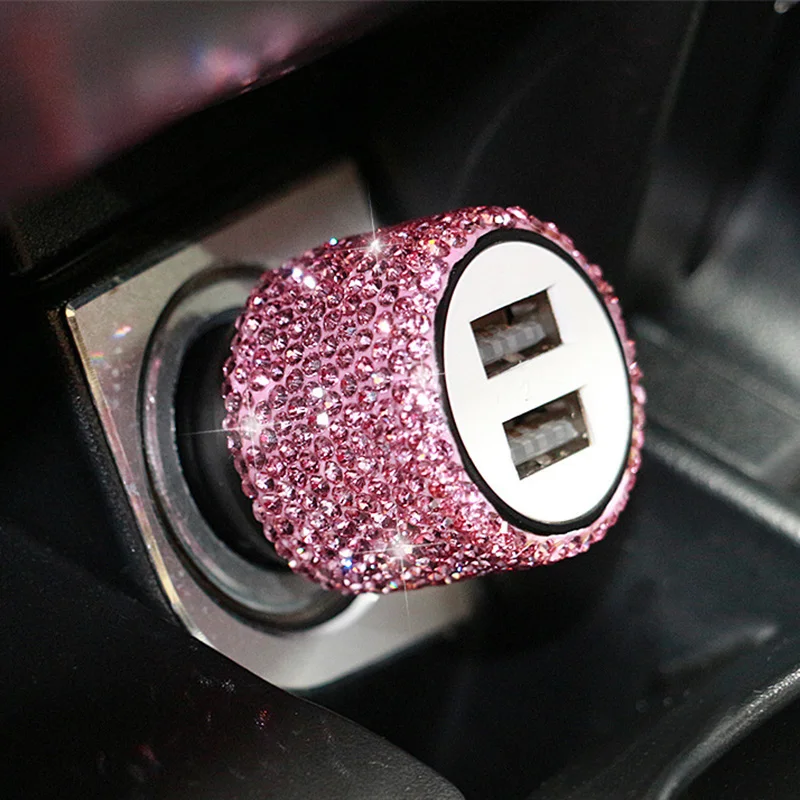 

1PC Portable Dual USB Car Charger Crystal Diamond Car Cigarette Lighter Phone Tablet PC Truck Lorry For Honda/Toyota Girl Gifts