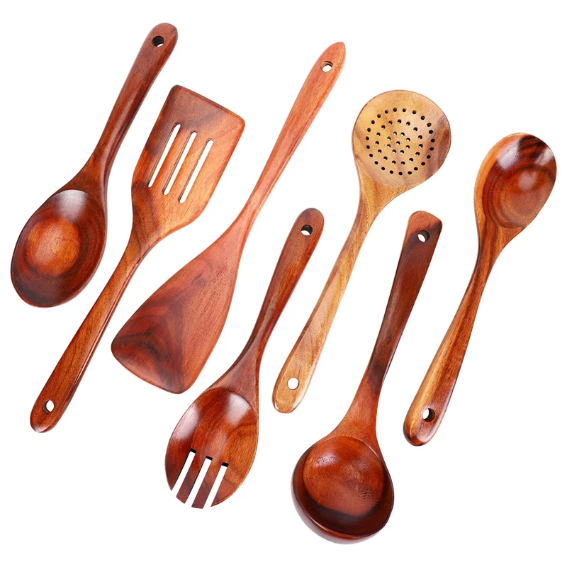 

7 PCS Teak Wooden Kitchen Cooking Utensils, Non-Stick Spoons And Spatula Cookware For Home And Kitchen