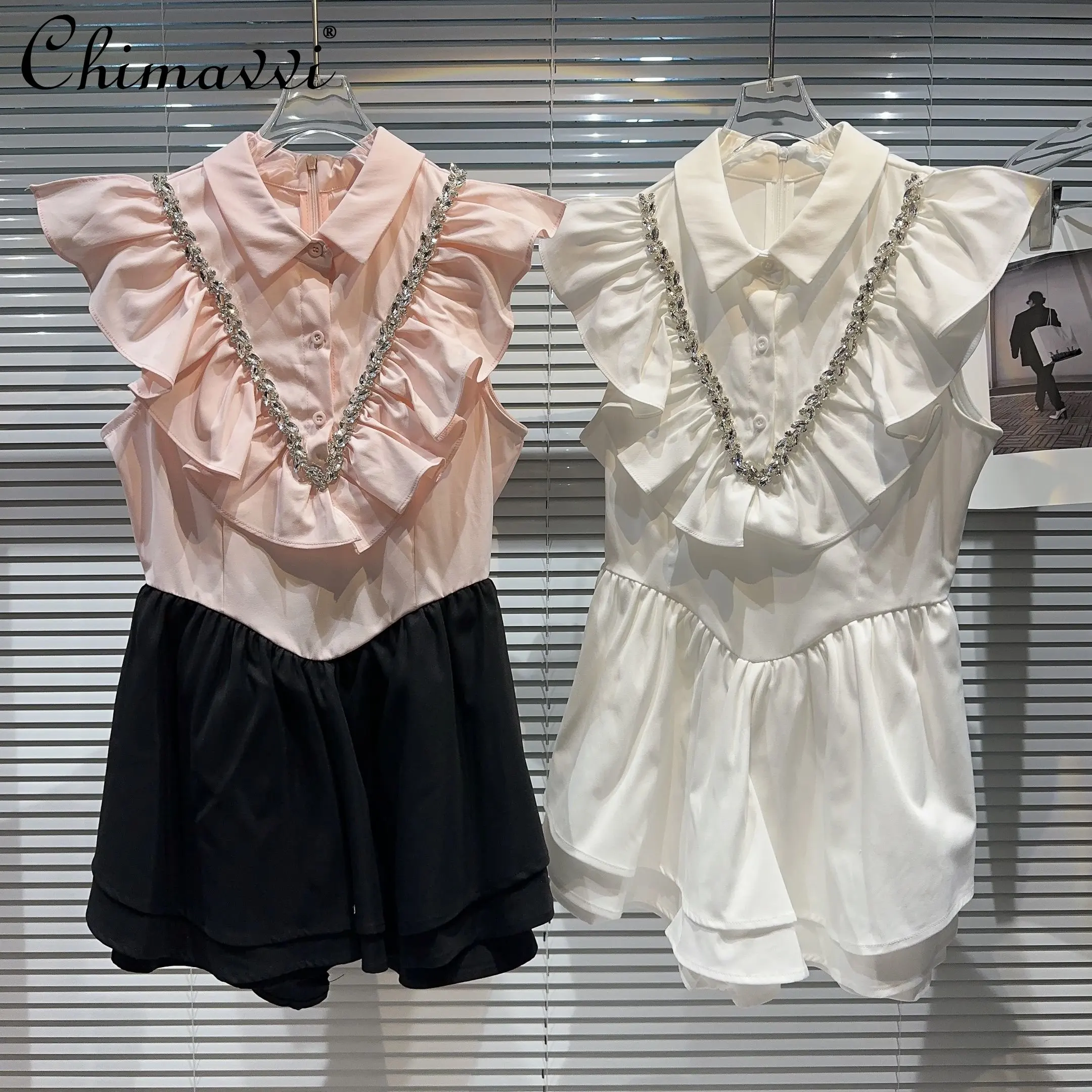 

Sweet Dress 2023 Summer Fashion V-Shaped Rhinestone Beaded Ruffled Stitching Shirt Dress Female Elegant Girly Style Mini Dress