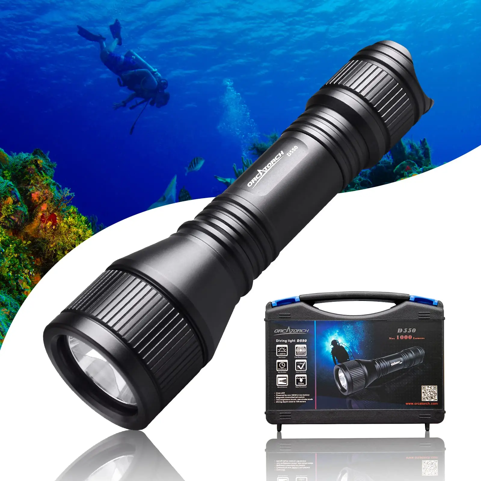 IP68 Waterproof Night Dive Torch150 Meters1000Lumens Super Bright Underwater Diving Flashlight with 3 Modes Scuba Dive Light