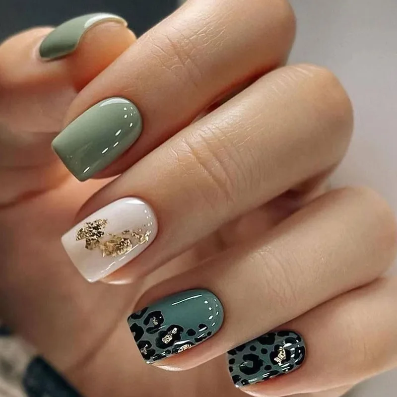 

24pcs Short Square False Nails Spring Summer Green Flash Leaf Leopard print Fake Nail Full Cover Artificial French Press On Nail
