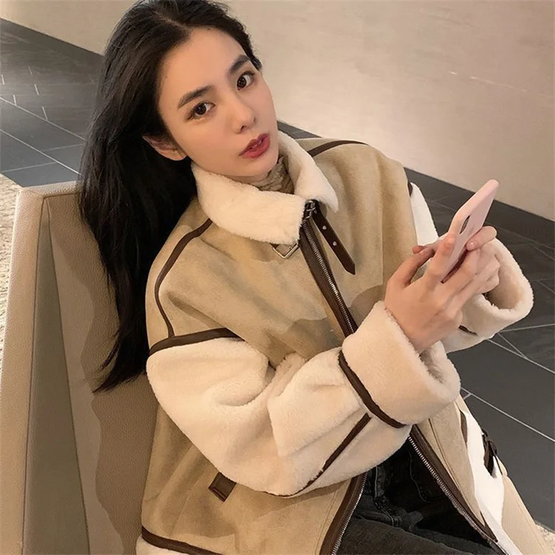MOLAN Woman Warm Overcoat Winter Fashion New Leather Patchwork Loose Long Sleeve Locomotive Coat Zipper Female Chic Outwear Top