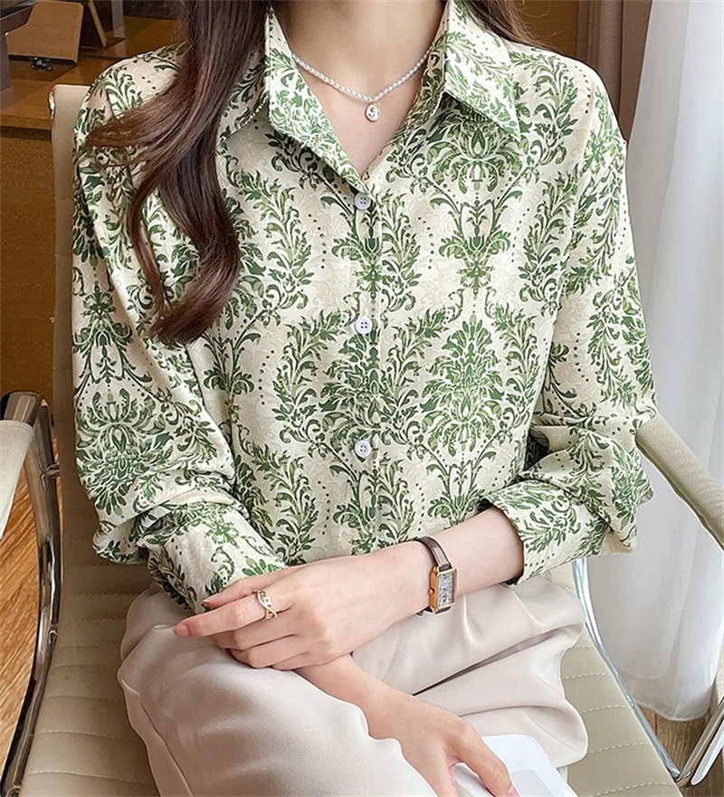 

Топы с винтажным принтом, повседневные рубашки для женщин, модная Выходная элегантная рубашка на пуговицах с длинным рукавом, рабочая женская блузка
