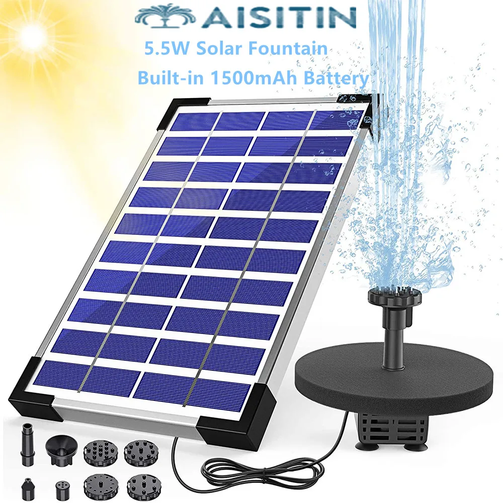 أيسيتين 5.5 واط نافورة شمسية مضخة المدمج في 1500mAh بطارية قاعدة عوامة مضخة المياه الشمسية مع 6 فوهات ، لحمام الطيور ، الخ.