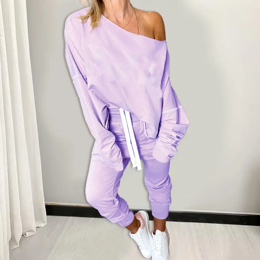

2Pcs/Set Women Pullover Pants Solid Color Crew Neck Outfit Autumn Winter Loose Blouse High Waist Trousers Streetwear