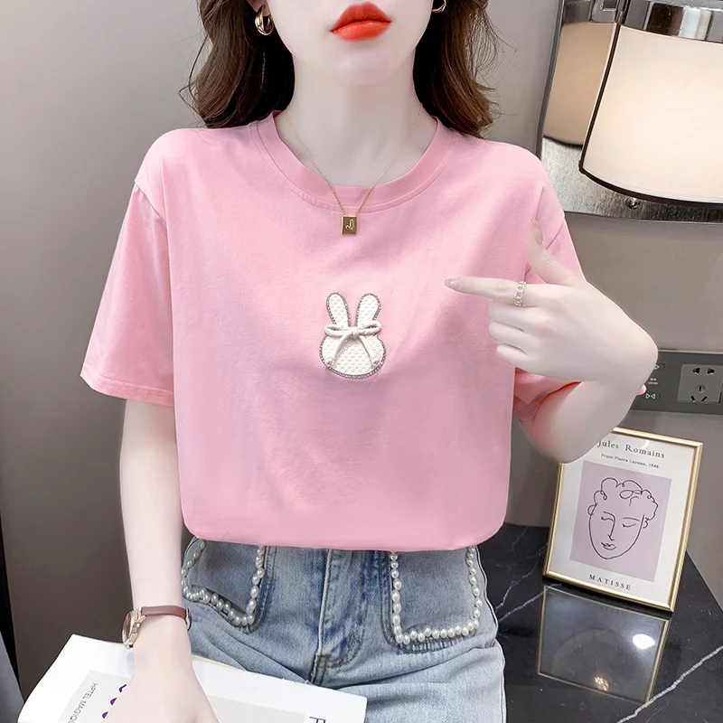 

Женская футболка с круглым вырезом, Повседневная футболка с коротким рукавом и бантом, модель 2023 в европейском стиле на лето, 36037