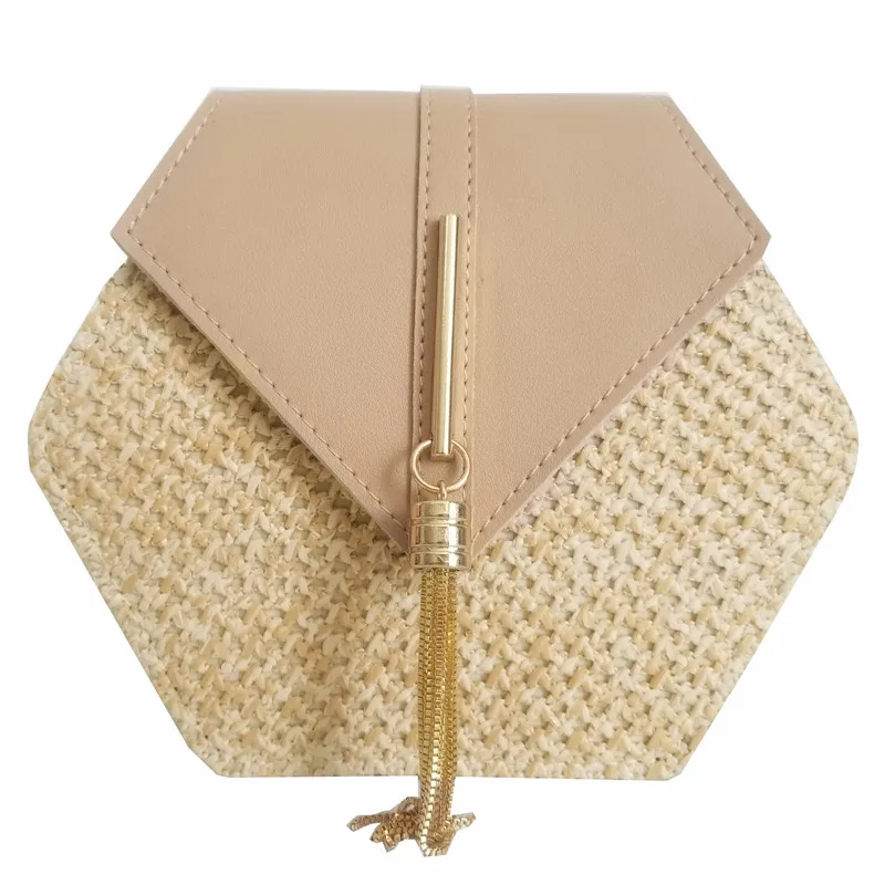 

2022 Hexagon Mulit Style Straw+leather Handbag Women Summer Rattan Bag Handmade Woven Beach Circle Bohemia Shoulder Bag