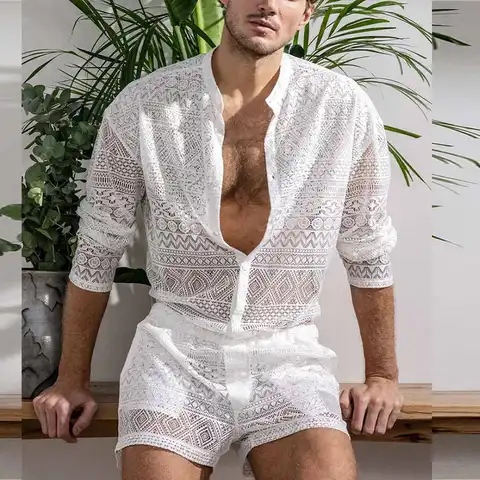 Новое поступление 2022, мужской комплект, летний сексуальный прозрачный кружевной наряд, пляжный модный топ с коротким рукавом и шорты, мужск...