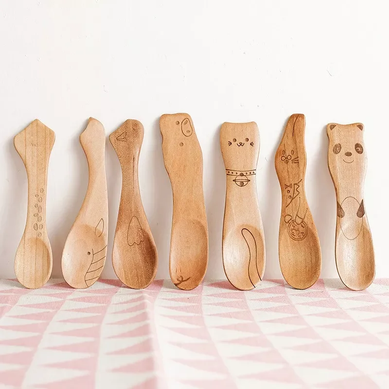 

2022New Baby Children Wood Dinner Spoons Tableware For Ice Cream Kitchen Accessories Panda Bear Animal Pattern Spoons For Kids