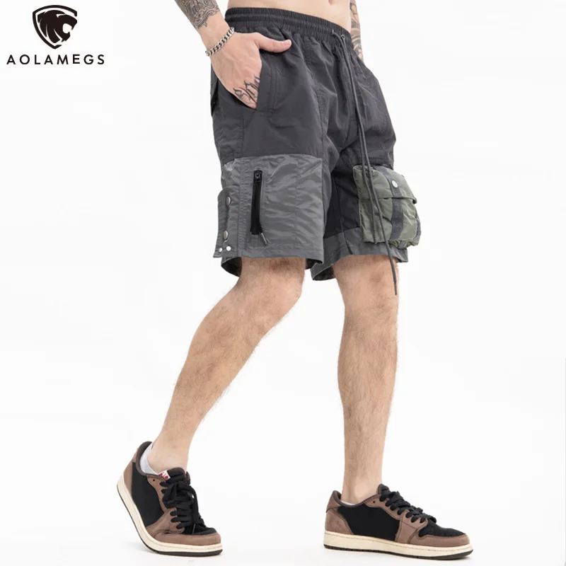 

Aolamegs Men's Shorts Glossy Big Pocket Button Leg Opening Drawstring Elastic Waist Short Pant Hipster Streetwear Men's Clothing