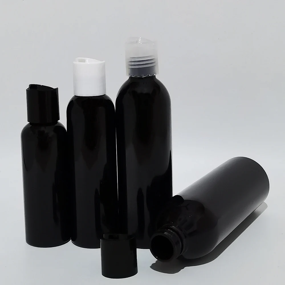 

1pcs 100ml 150ml 200ml 250ml Black Bottle With Disc Cap PET Shampoo Liquid Soap Plastic Container Travel Bottle Press Screw Lid