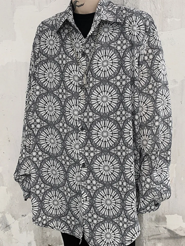 SYUHGFA 2022 Autumn Lapel Personality Vintage Print Long Sleeve Shirt For Men Korean Streetwear Loose Casual Shirts Men Clothing