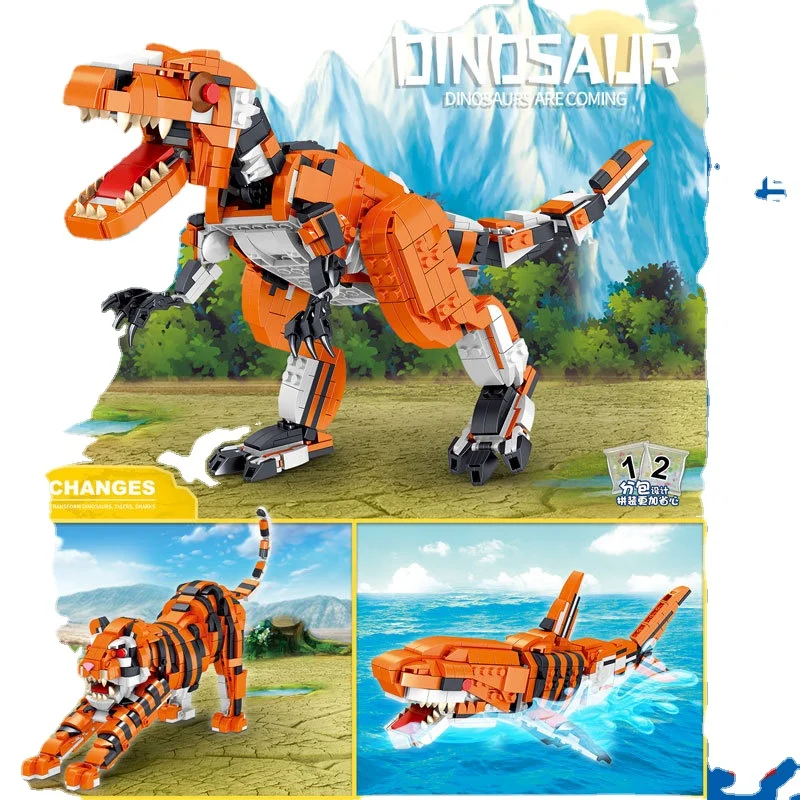 Пластиковые блоки 3 в 1, животные, тигр, динозавр, рыба, строительные блоки, игрушки для детей, образовательные Подарки, рождественский подарок для детей Zhegao